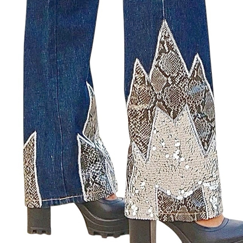 Miss Selfridge Bootcut Jeans, size S, Glitter Snake Trim, Boho Western Festival - Picture 2 of 16